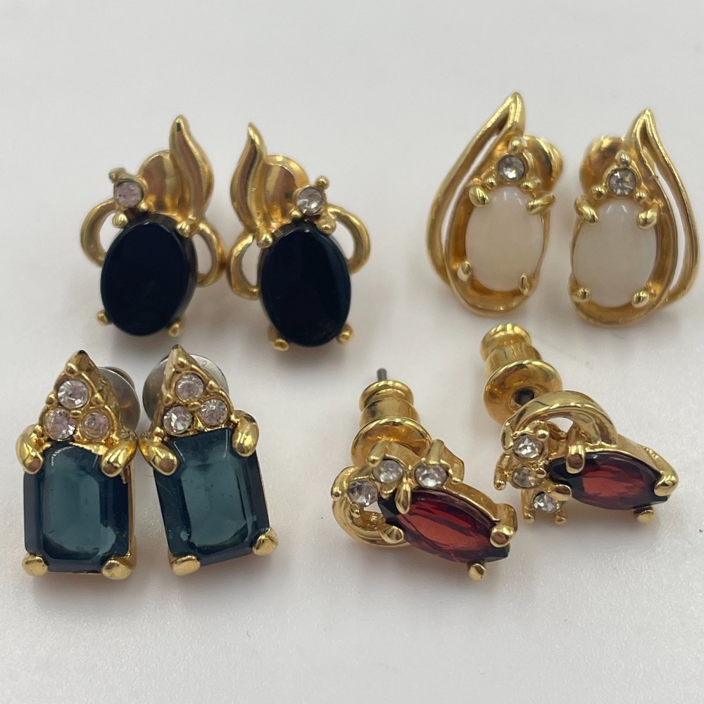 Vintage Gold Tone Faux Gemstone Stud Earring Lot: Onyx Opal Garnet Topaz 4 Pairs